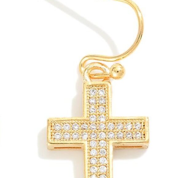 ❤️NWT   BOUTIQUE  Metal Tone Cubic Zirconia Studded Cross Drop Earrings - Picture 2 of 2